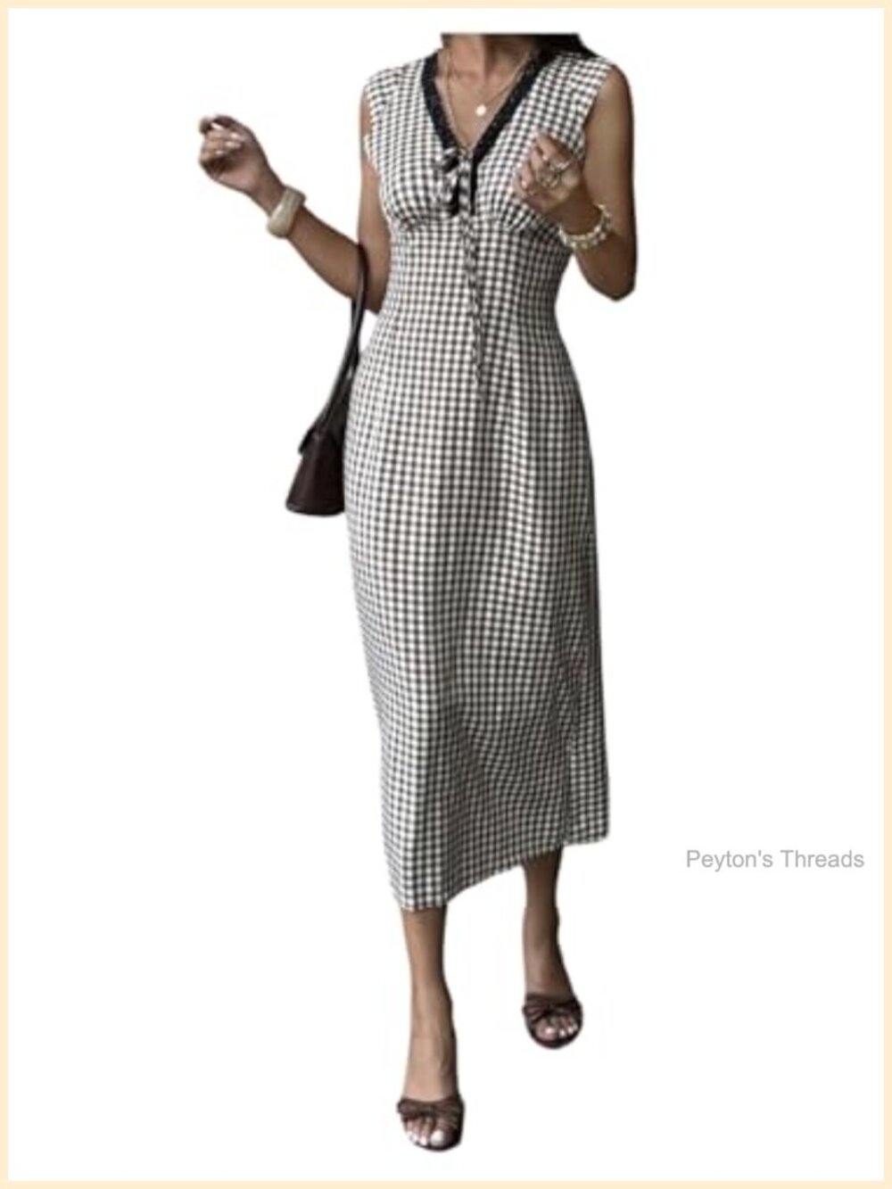 Plaid Lace Trim V Neck Midi Dress Sleeveless Tie Front Summer Vacation